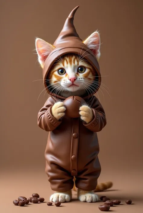 kitten　cute　 chocolate costume 　 has chocolate around the mouth　 standing only on their back legs。background　cute candy store 