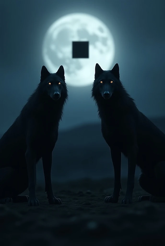 A full moon two black wolves protecting a black square