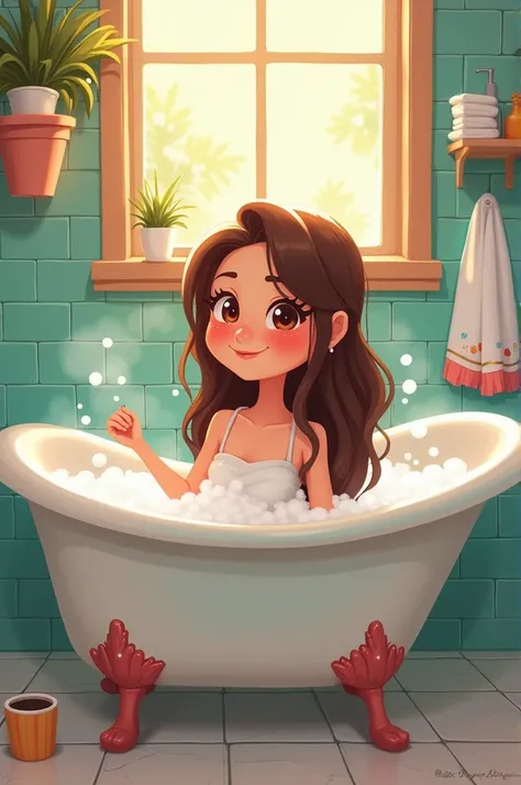 I bathe ,  brunette teenager in a bathtub in a cartoon