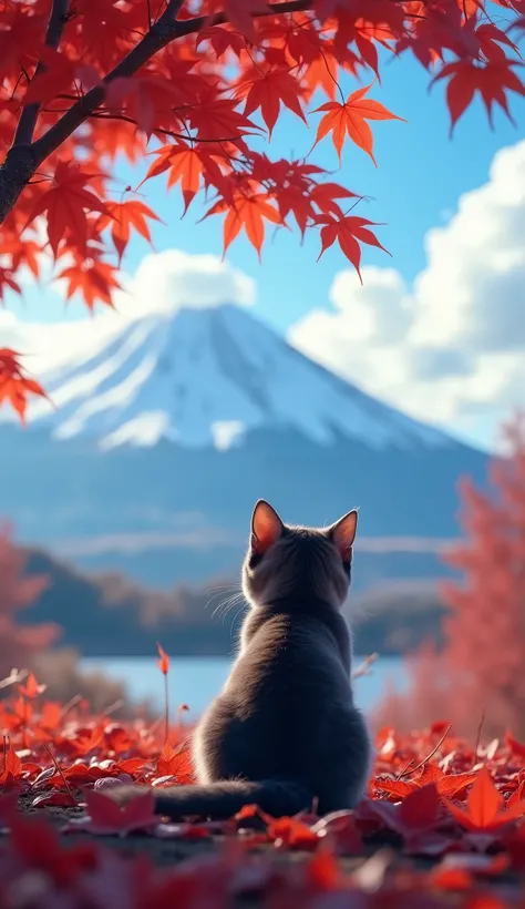 8k, Realistic. Photorealistic. Image is vibrantly colored.
photo,Highly detailed 
Photo quality, high quality,

A kitten sits and looks at Mt. Fuji behind him with a sense of loneliness.

There is a bright red maple tree in the foreground, and the leaves a...