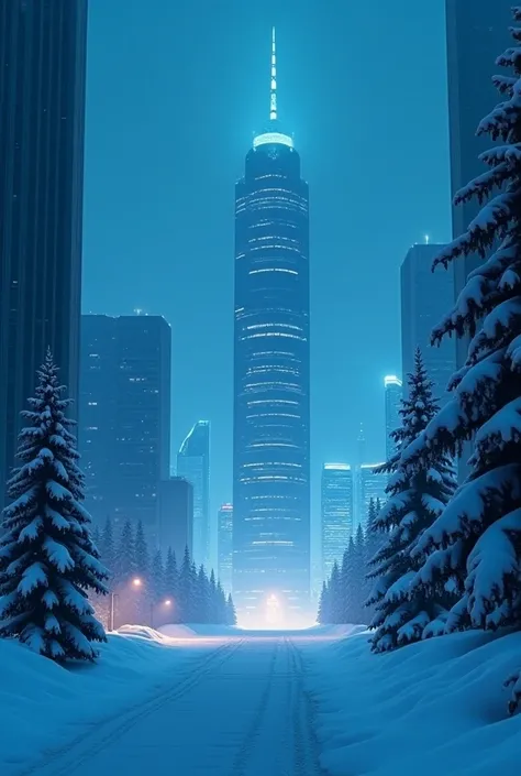 city, snowy, only cool colors, modern urban, the company, night, not human