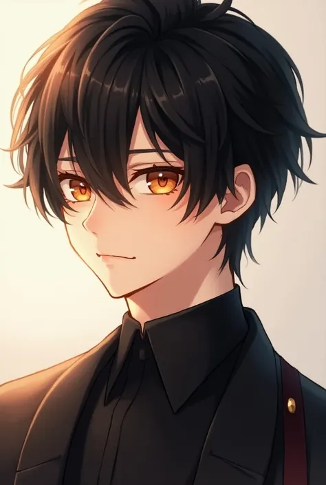 Handsome and elegant anime boy with black hair and orange eyes