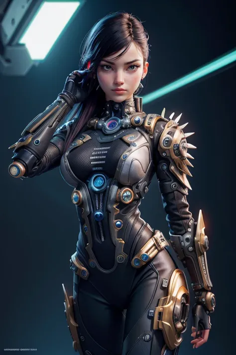 woman futuristic costume , cyberpunk, magnificent anatomy ,  dynamic pose , face to the camera,  gears and bolts ,  mechanical e...