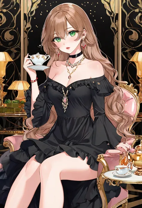 1girl, green eyes, long flowy wavy hair, light brown hair, elegant dress attire, long sleeves, ruffled sleeves, solo, elegant red bracelet, black neck choker, gold and silver necklaces, white heels, light jade colored dress, Ambre affect, doll like feature...