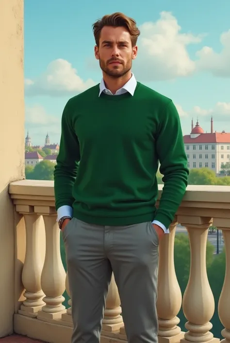   a man in a green sweater and gray pants standing on a balcony,  a photorealistic painting inspired by Constantine Andreou  , instagram,  renaissance , wearing a green sweater , wearing a casual sweater,  attractive and handsome , handsome and attractive,...