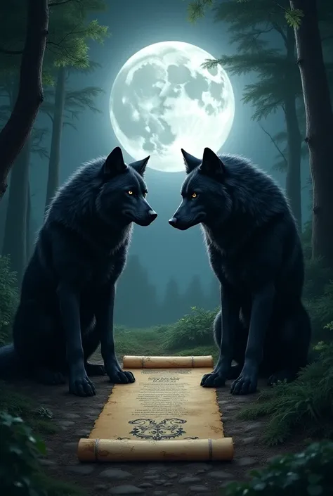 A full moon two black wolves protecting a scroll