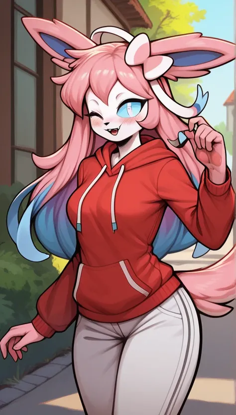 Crazy expression, funny expression, 1girl, anthro, furry, fur, fluffy fur, fluffy big pink tail, sylveon girl, pink hair, long hair, messy hair, cyan hair highlights, (19 years), white eyes, cyan sclera, medium breast, thicc thighs, (outside university), r...