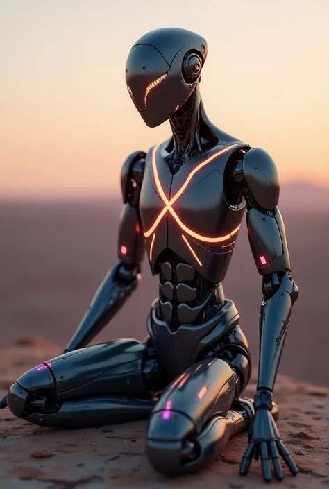 A sleek, agile robot with a synthetic, colorful neon gel-like exterior that stretches and flexes with fluidity. Its body is composed of smooth, elastic metal with glowing joints tin vibrant colors, with almost organic appearance. The robot has a minimalist...