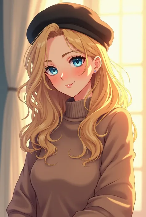  girl、Mature、Blonde、 blue eyes、beautiful、 long hair、Curly Hair、Turtleneck、Beret、Anime style painting、smile