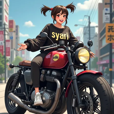 a beautiful, chubby Indonesian woman, hair in two pigtails, wearing a sweater that says syari with cool gold writing, trousers, white sneakers, riding a classic modified Norton motorbike in black and red with big tires, shiny, in a city in Tokyo, sunny wea...