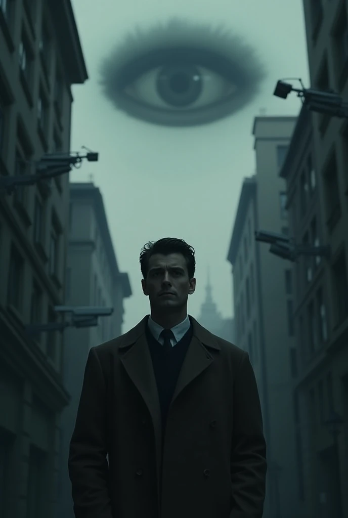 39 year old  , white tea,  dark-haired man brushed on the side, pleasant, costume from the 1940s  , Dark city,  all-seeing eye in the sky ,  security cameras pointing at man standing in the middle of his full body. 1984