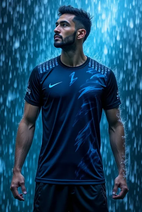 Black and blue hurricane-themed soccer t-shirt with rain design on the background t-shirt only