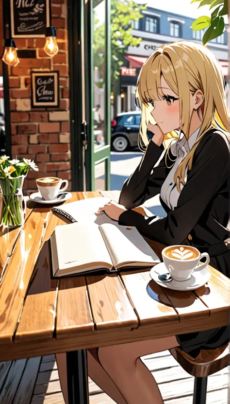 Beautiful and blonde, Cafe, The notebook is open on the table, rest one&#39;s chin on one&#39;s hand