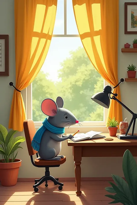 Page 1:
illustration: really,  the gray mouse with mustaches long and blue scarf , entra a una office pequeña y acogedora,  with a wooden table ,  a chair and a desk lamp that illuminates the room .
text:
" It was a sunny morning! , y really el ratón estab...