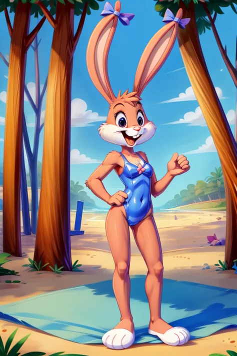 Rabbit is a full-length cartoon girl slim skinny in a tight lycra swimsuit on the beach with a happy face, big feet, bows on the ears