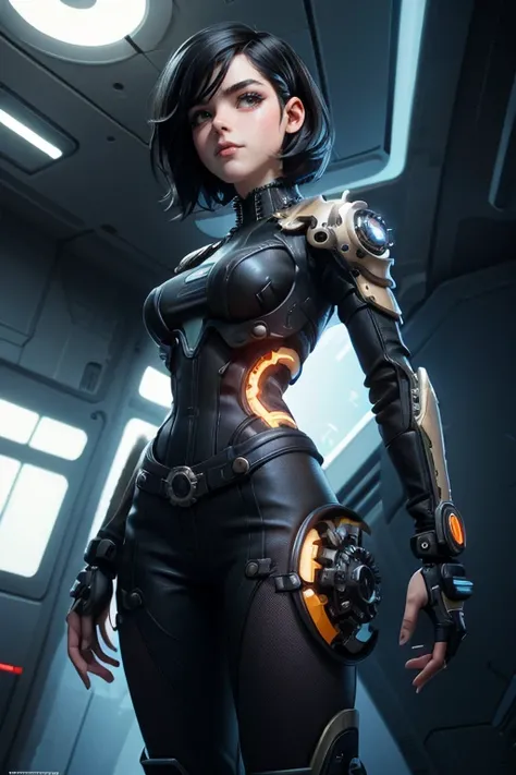  Woman futuristic costume ,  black hair , cyberpunk, magnificent anatomy ,  Dynamic Pose , face to the camera,  gears and bolts ,  mechanical engineering ,  composition epic character,  Natural lighting,  sharp focus,  ultra resolution , bottomless. 