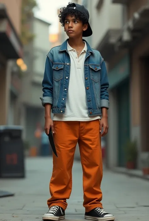 Make an image of an 18-year-old ,  with curled black hair and a cap turned back, pele morena, white polo shirt social , Blue denim jacket, orange pants and black sneakers .  He has a small black knife in his hand .