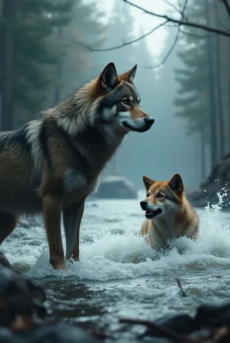 wolf in front of a river where a dog is drowning hit 