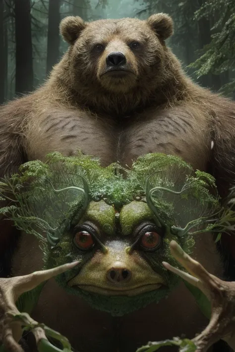 a highly detailed, anatomically correct, hyper-realistic fusion of a bear and a frog, forest,hungry,moving,very angry,,face of frog,wild and primal, intricate and precise, award-winning ,meticulously crafted with exquisite texture and high-quality, 4k reso...