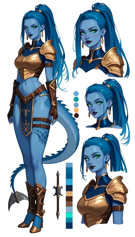 Solo, Blue Skinned Human Girl, (blue skin:1.3), Giantess, Long Dreadlocked Ponytail, Deep Blue Hair, Purple Ombre Hair, Aqua Green Scleras, Glowing Blue Ey es, Scales around eyes, Dark Makeup, Dark Lipstick, Heavy Dragon skin Armor, Dragon Leather, (Big Dr...