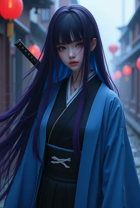 Dark purple long hair that hides the waist 　Black and blue hair　 turn a section of ones bangs blue blue blue with blue highlights on the bangs　 part of the bangs is light blue 　Dark Eyes　Sharp, Cool Eyes 　Light blue haori coat　Blue coat with white triangul...