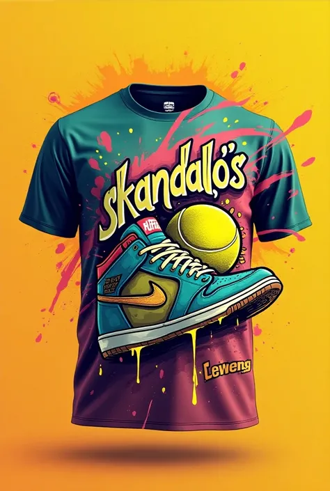 A shirt that has a ball a tennis shoe and that says Skandalos 