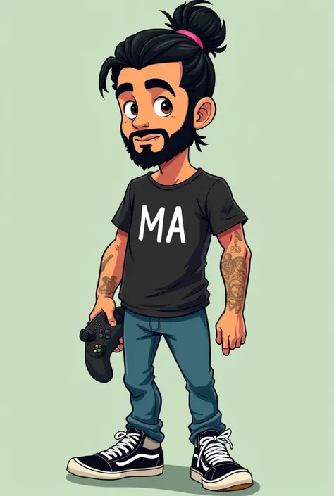 male cartoon character, Lean body, cor moreno, Big black hair bun,  Thick eyebrows , Chilled beard,  with a black shirt with an MA printed on the chest, blue pants,  with VANS sneakers with white laces, Holding a video game handle .  XBOX Avatar style anim...