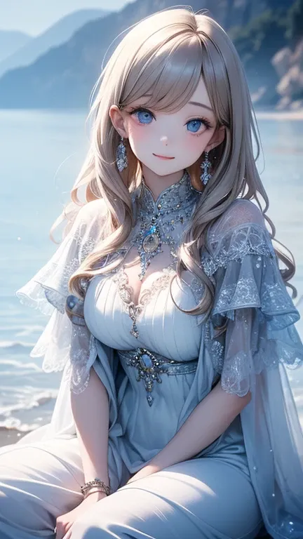 (master piece),(4k),high quality,,1girl,long blue hair,pale skin,smile,beautiful detailed blue eyes,, (Highly detailed elegant),(blue and white capelet fashion), Magical colors and atmosphere, Detailed skin,The background is soft and blurry,Add a dramatic ...