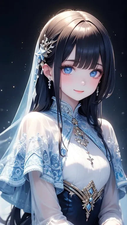 (master piece),(4k),high quality,,1girl,long blue hair,pale skin,smile,beautiful detailed blue eyes,, (Highly detailed elegant),(blue and white capelet fashion), Magical colors and atmosphere, Detailed skin,The background is soft and blurry,Add a dramatic ...