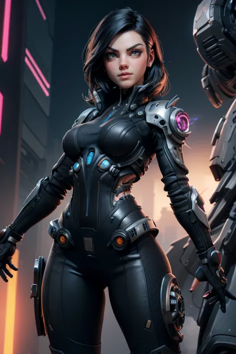 woman futuristic costume ,  black hair , cyberpunk, magnificent anatomy ,  dynamic pose , face to the camera,  gears and bolts ,...