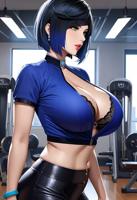 ( masterpiece ), ( realistic anime style), (super detailed ), ( definite details), (very erotic work ), Yelan, Awesome MILF, Super beautiful, too sexy, huge breasts,  big butt blouse , tight bra, fitted shorts, an electric gym