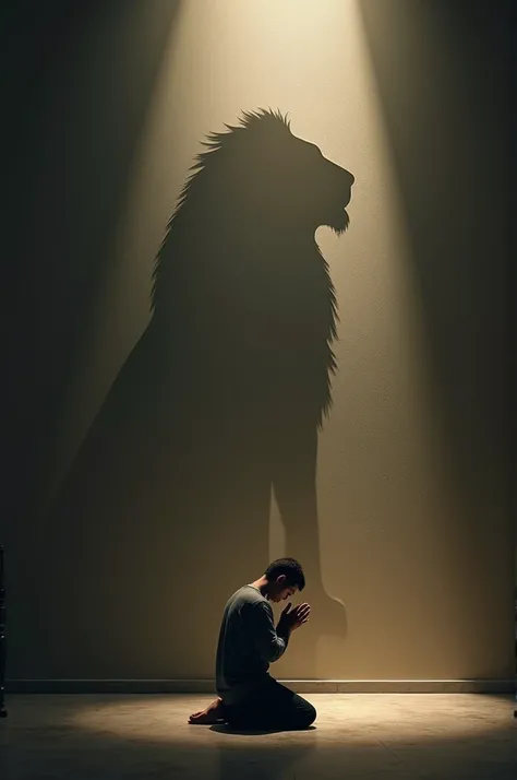 A person kneels in prayer, with the shadow cast on the wall revealing the figure of a powerful lion. This symbolizes the strength and courage that comes from faith, even when the person appears to be in a moment of vulnerability.