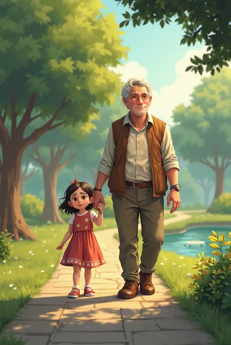 Grandpa walking in the park with his little granddaughter and felt dizzy