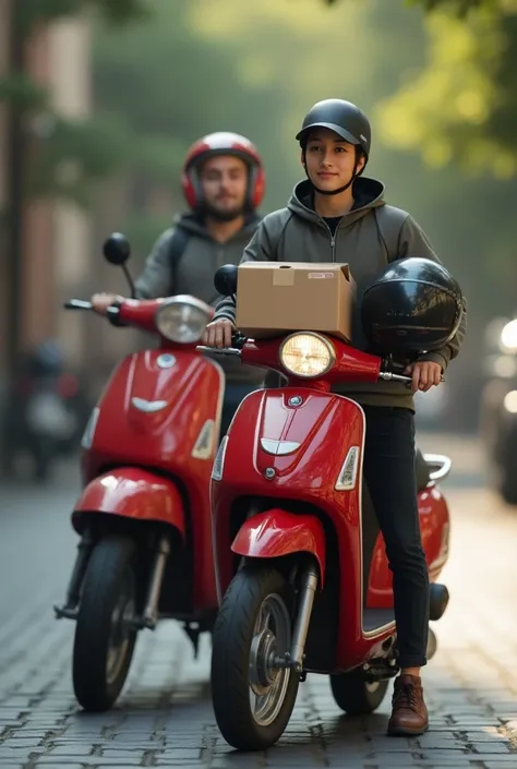  Delivery box with a red motorcycle delivering an order, In the hands of the delivery person has a box and a black helmet 