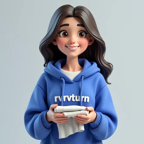 Young French brunette woman smiling with a royal blue hoodie with “RVTURN” written on her white sweater with clothes in her hands 3D rendering,