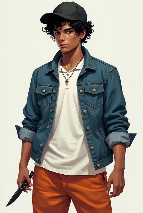 Make an image of a 20-year-old,  with curled black hair and a cap turned back, pele morena, white social button-down polo shirt , Blue denim jacket, orange pants and black sneakers .  He has a small black knife in his hand .