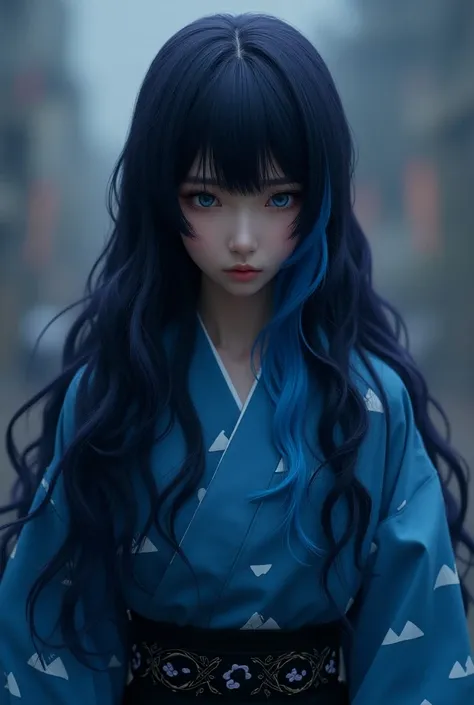 Dark purple long hair that hides the waist 　Black and blue hair　 turn a section of ones bangs blue blue blue with blue highlights on the bangs　 part of the bangs is light blue 　Dark Eyes　Sharp, Cool Eyes 　Light blue haori coat　Blue coat with white triangul...