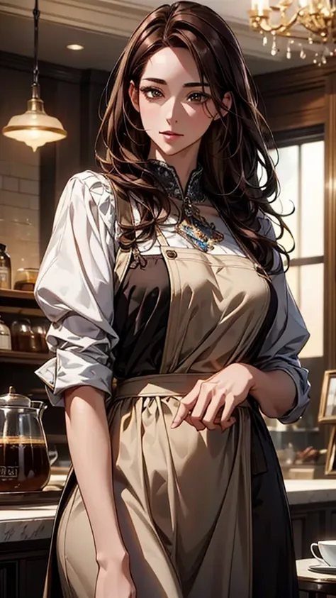 masterpiece,highest quality,Stylish western style cafe,female cafe clerk,(cafe clerk:1.3),(fine clothes),(carry a coffee pot),laughter,Bright atmosphere in the store, highest quality,8K,super high resolution,(Photoreal:1.3),RAW photo、(1 female), ((brown ha...