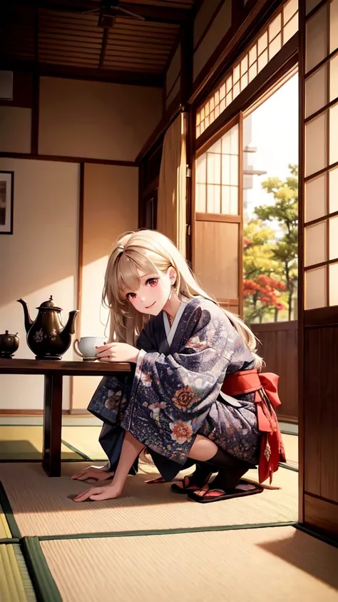 "Inside a traditional Japanese tea room with sliding shoji doors slightly open, allowing soft, natural light to filter in. The room has tatami mats and a low wooden table with a teapot and cup. On the table is a stick of mitarashi dango. The atmosphere is ...