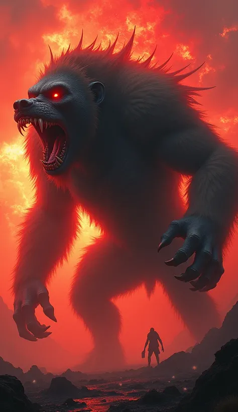 a (wolf ,wolf )  mixed with a  ( giant monkey shovel muzzle,  shovel mout-giant monkey ),  panorama ,  blood-red eyes ,  hellfire ,  screaming animal  