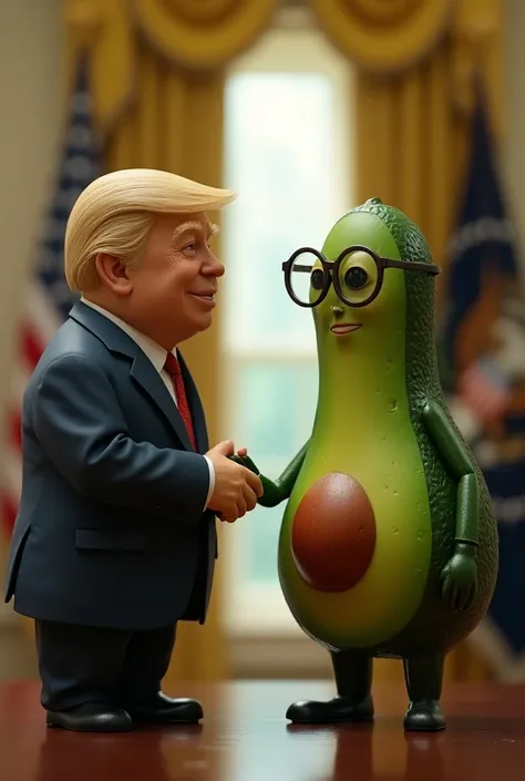 A Hass avocado with glasses shaking hands with Donald Trump in the presidency of the United States