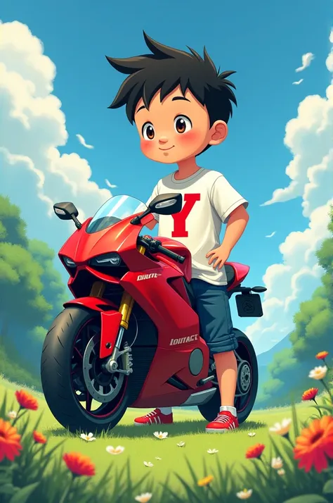 A beautiful fat boy in his shirt type Y letter with red ducati in a beauiful place like anime