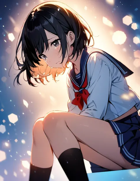 1 girl, 18 years old. Knee Shot. Sit. very short hair, Black hair, Hair with volume, Each strand of hair is fine. Black eyes, Long thin lashes, Eyes with highlights, Catchlight. cry, tears. long-sleeved sailor uniform. pleated skirt, thighs, Black high soc...