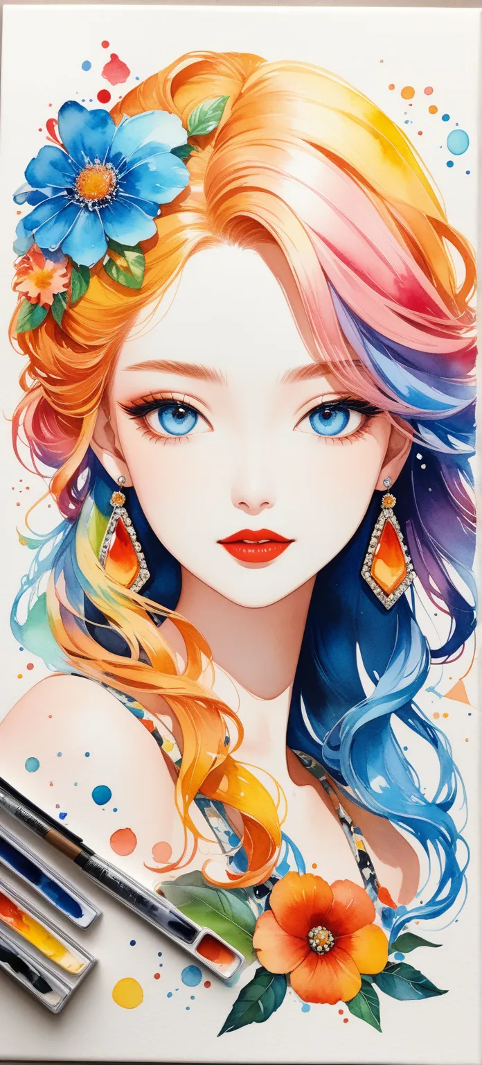 masterpiece, 8k, Best Quality,  high resolution on down, Official Art, Micho Style,  stylish なファッション, Intense watercolor, Detailed watercolor painting, watercolor splash ,  surreal, Avant-garde pop art, Beautiful Realistic Paintings ,  beautiful artwork illustration ,  Very Colorful Hues ,  wonderful,  stylish  design, The most beautiful girl, Doodle Art, Colorful flowers,  stylish , Mid-chest,  earrings for a woman alone, Red lipstick,  eyeliner ,  eyeshadow,  upper body, Anime Art, 