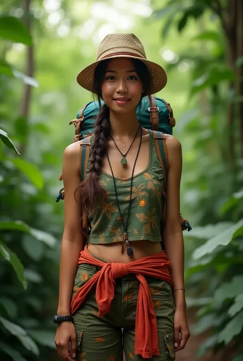 young hiker and jungle excursion guide, daughter of a Korean woman and Latin father, tropical jungle excursion outfit, bright colors and pleasant smile
