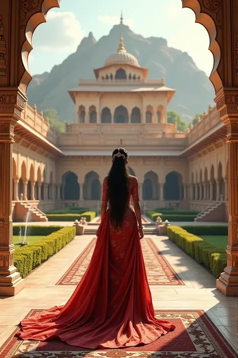 Queen Radhika standing in the courtyard of the fort, gazing up at the temple atop a hill, with determination in her eyes, surrounded by a traditional Rajasthani palace.