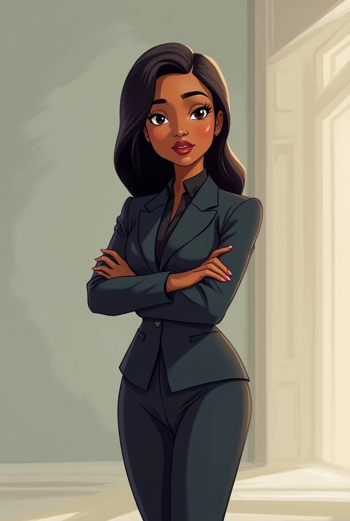 I want you to create a FULL BODY ANIMATED CHARACTER of a black president for a simulation game where she holds an object related to her profession without being realistic