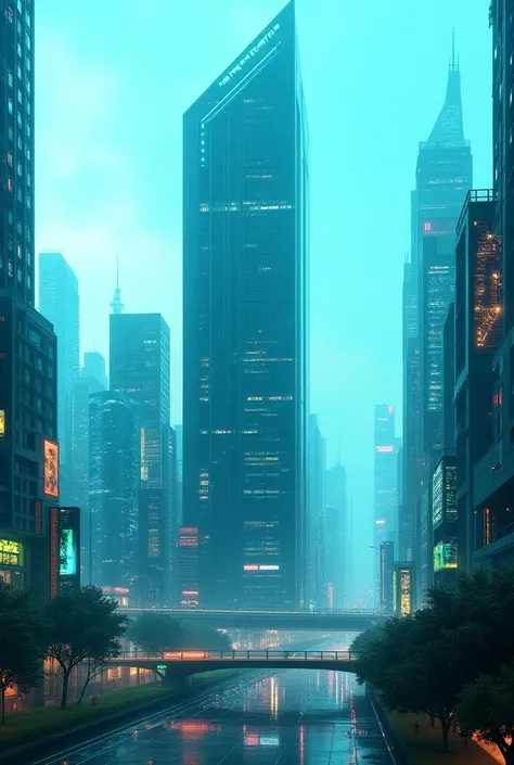 city, only cool colors, modern urban, day, not human, Large headquarters, screen overflow