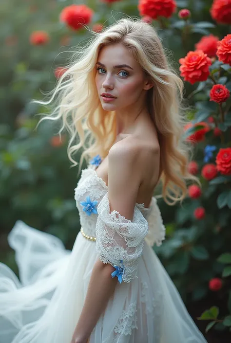 The beautiful blondie woman with blue eyes gently tilts her body, causing her loose curls and the blue flowers in her body to sway slightly. Her white lace dress moves with her, creating a fluid elegance. The camera softly focuses on her, with the soft bac...