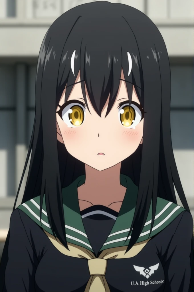 screenshot of my hero academia .
Girl with straight and long black hair with two white front locks has yellow eyes with a delicate look like Hawks and has a serious expression .  wears the UA uniform  